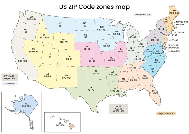 Map of the United States displaying ZIP Code regions from 0 to 9